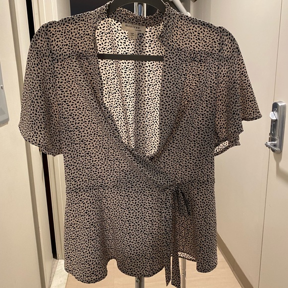 Monteau Tops - Monteau Cream Wrap Blouse with Black Dot Print